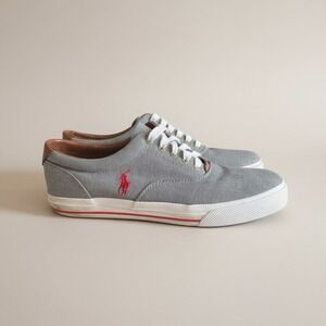 Polo Ralph Lauren Vaughn Sneakers Mens 10D Grey Chambray Leather Trim Preppy